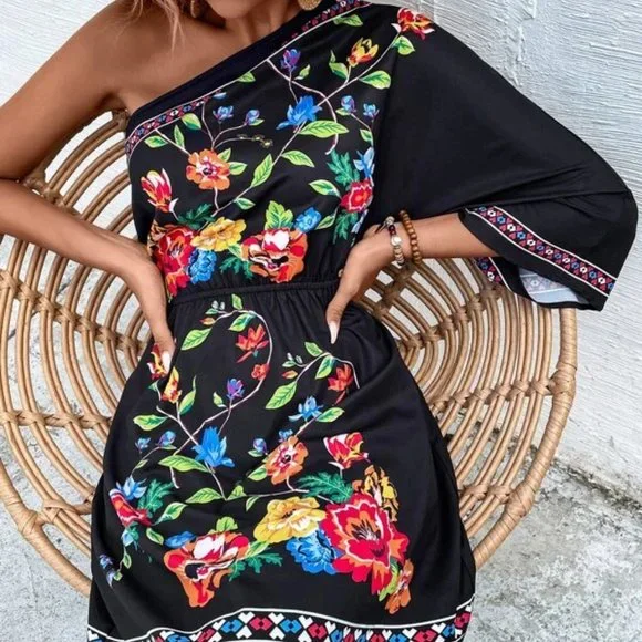 Shabby Chic  Floral One Shoulder Mini Dress Black - Picture 2 of 6